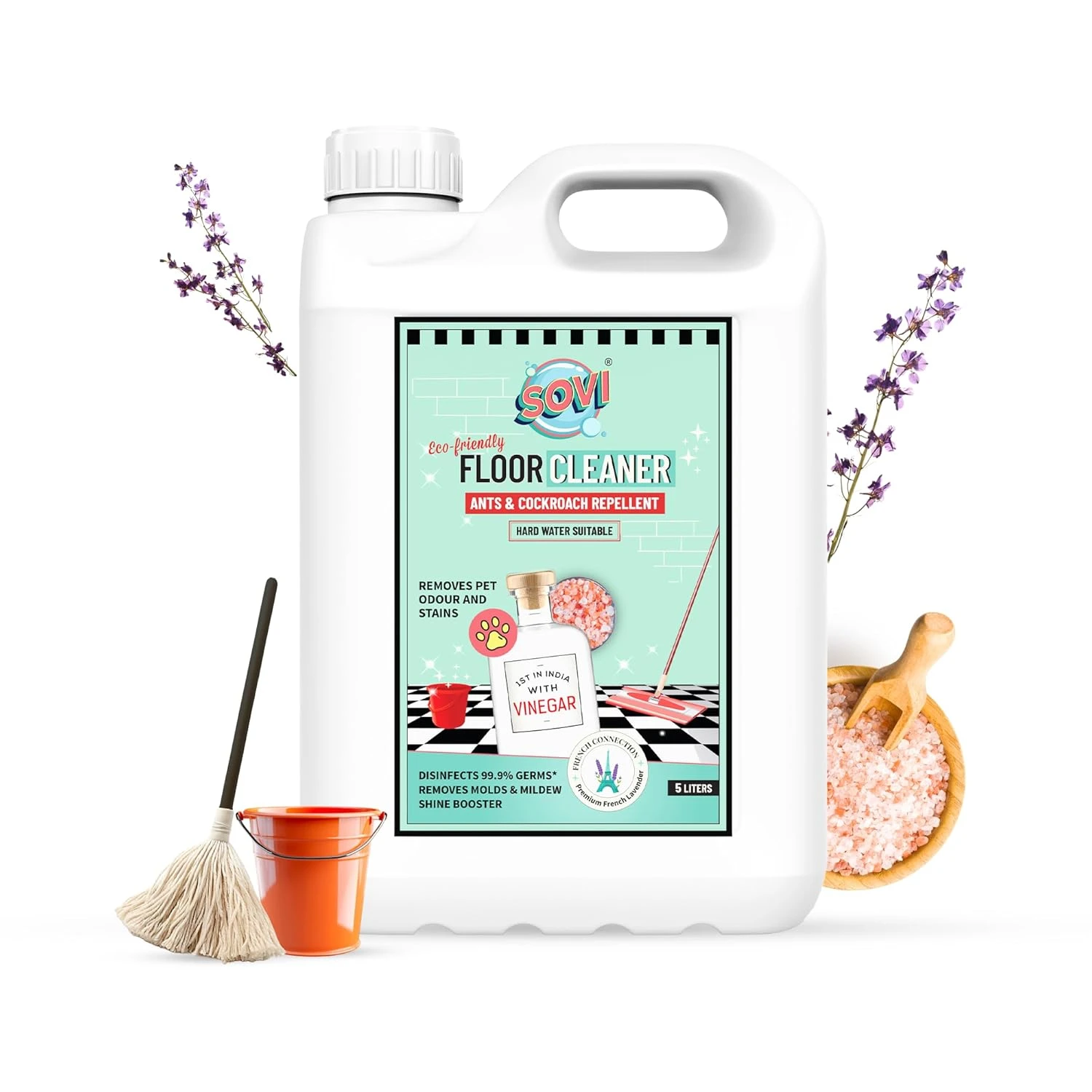 Floor Cleaner with Vinegar Power – Lavender Fragrance | Repels Cockroaches & Ants, Removes Stains & Pet Odours | Child & Pet Safe, Eco-Friendly Cleaning Solution 5 Litre