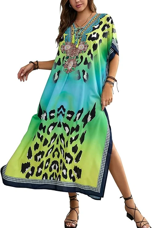 Women's Ethnic Print V-Neck Kaftan Cover-Up