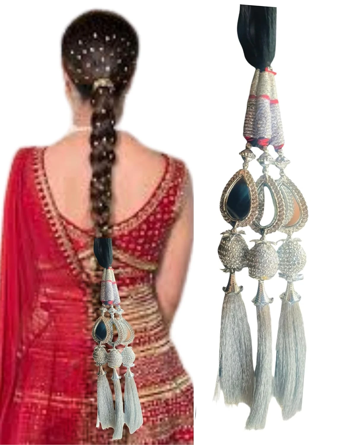 Traditional Hair Paranda, Silver, 60 cm Length, Decorative Choti Extension with Tassels and Beads for Women and Girls, Bridal Wedding Hair Accessory