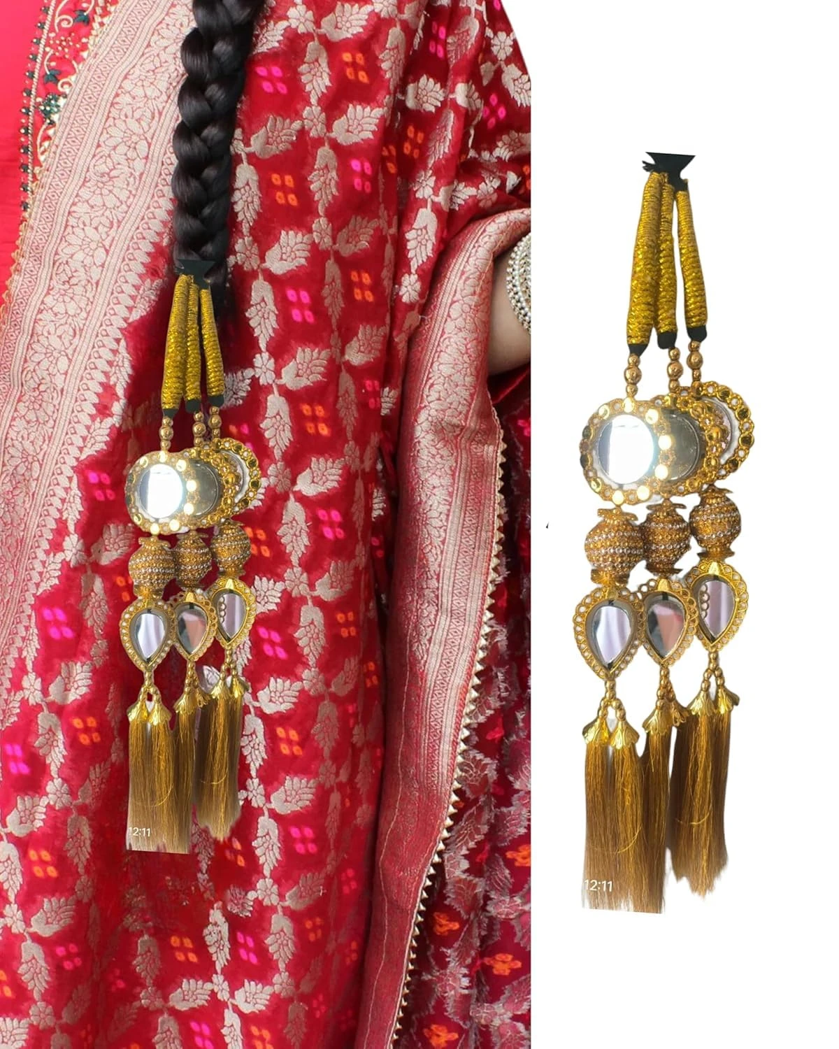 Traditional Paranda Hair Extension, high Length, Golden Mirror Work with Brown Tassels, for Women and Girls