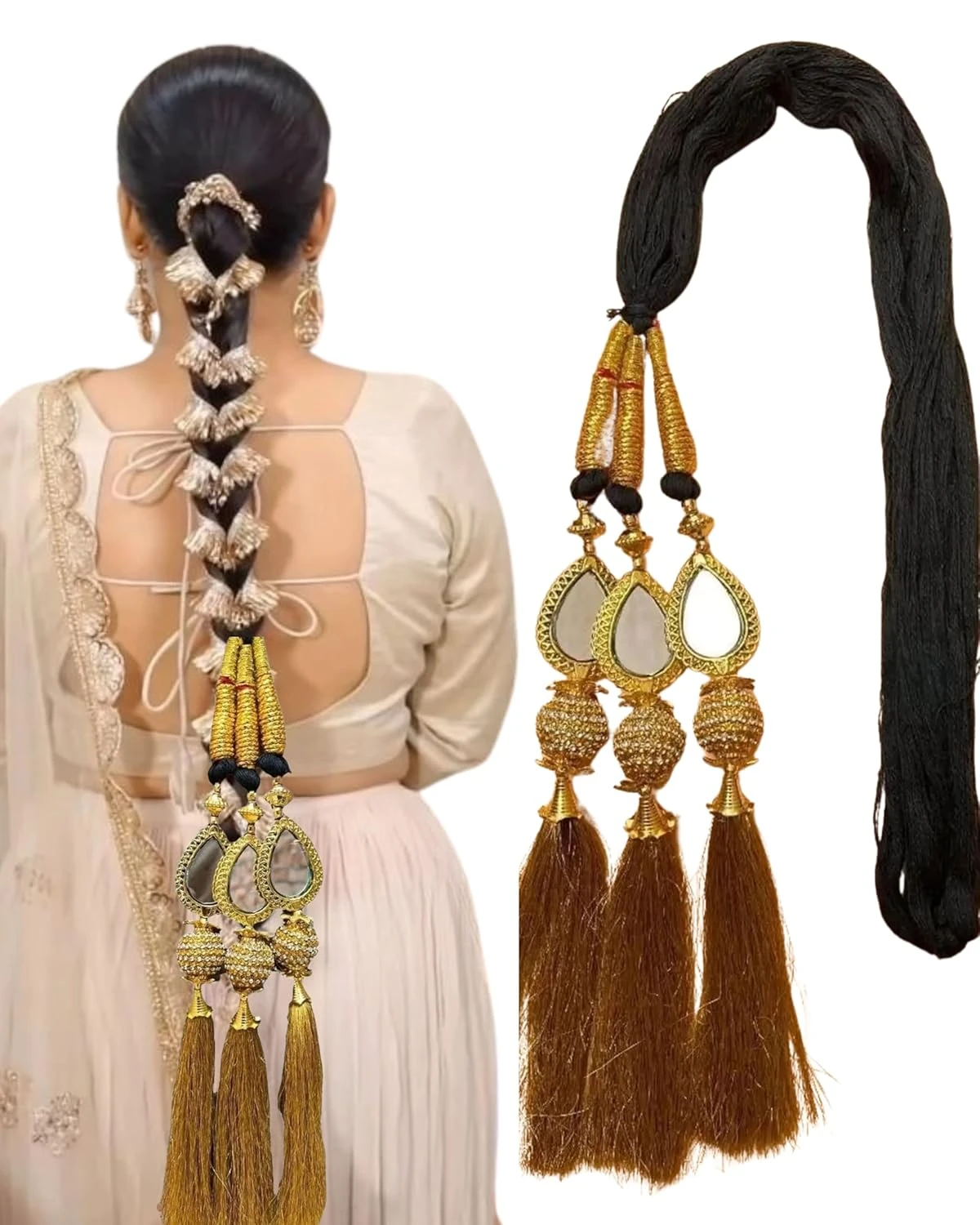 Heavy Lace Design Parandi with Golden Gotapatti Dori/Hair Extension/Braid Tassles/Patiala Shahi Paranda/Jadai Billai/Hair accessories