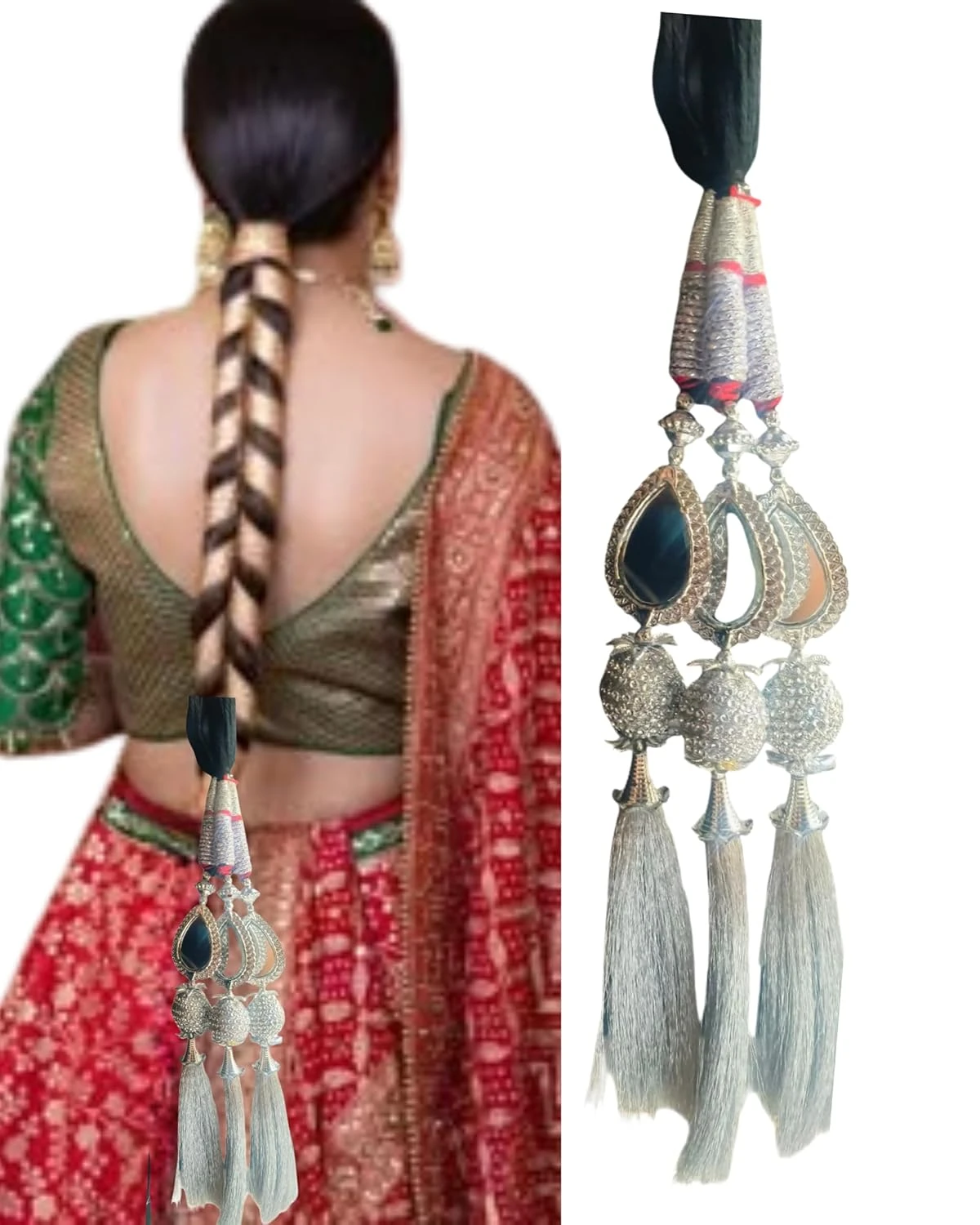 Hair Paranda Parandi for Women & Girls | Traditional Punjabi Choti Braid Accessory with Mirror Work & Beads Traditional Paranda Hair Extension for Women, Silver, Decorative Choti with Tassels and Beads,-in Style