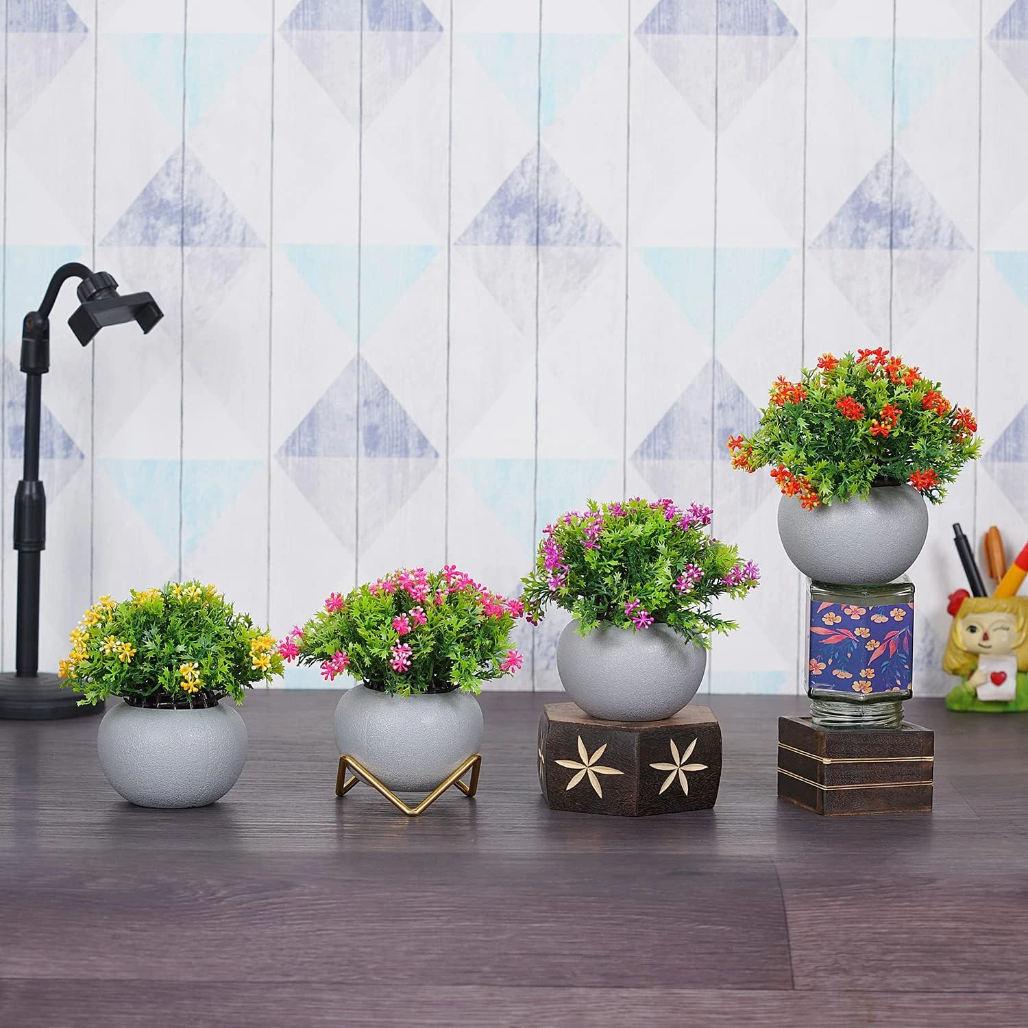 Artificial Potted Plants Bathroom Fake Multicolor Plant Office Table Decor Mini Green Faux Topiary Kitchen Cabinet Farmhouse Decorations | Pack of 4