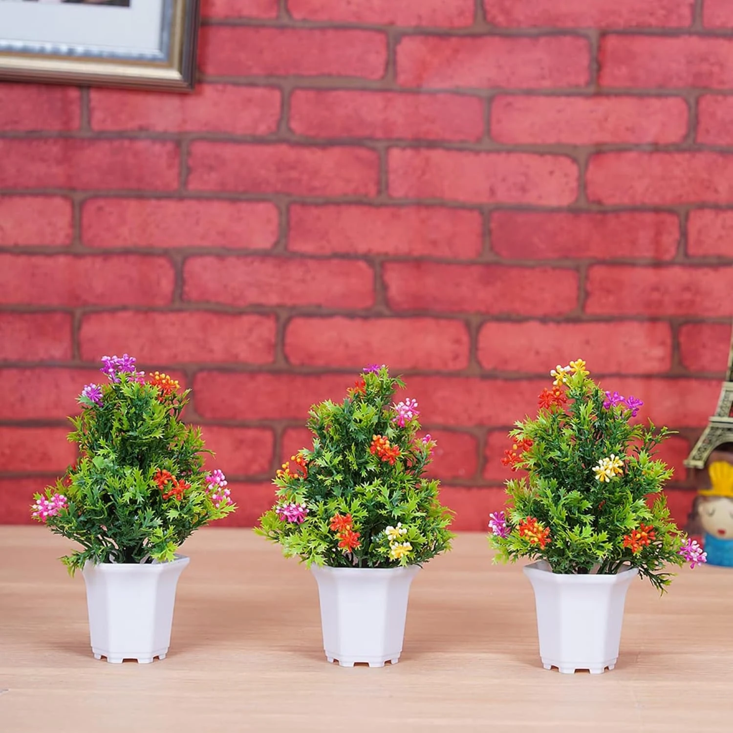 Plastic Wild Artificial Flower Plants With Cute Hexa Pot | Faux Flower Plant Home Decor | Tabletop And Desk | Artificial Flower Balcony Indoor Decor | Pack Of 8 (Pack Of 3, Green)