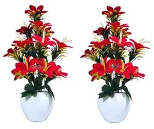 Artificial Flowers with Apple Pot for Gifting, Home Decor,Bedroom, Balcony, Living Room, Restaurant, Valentine's Day Decoration (Red, Pack of 2)