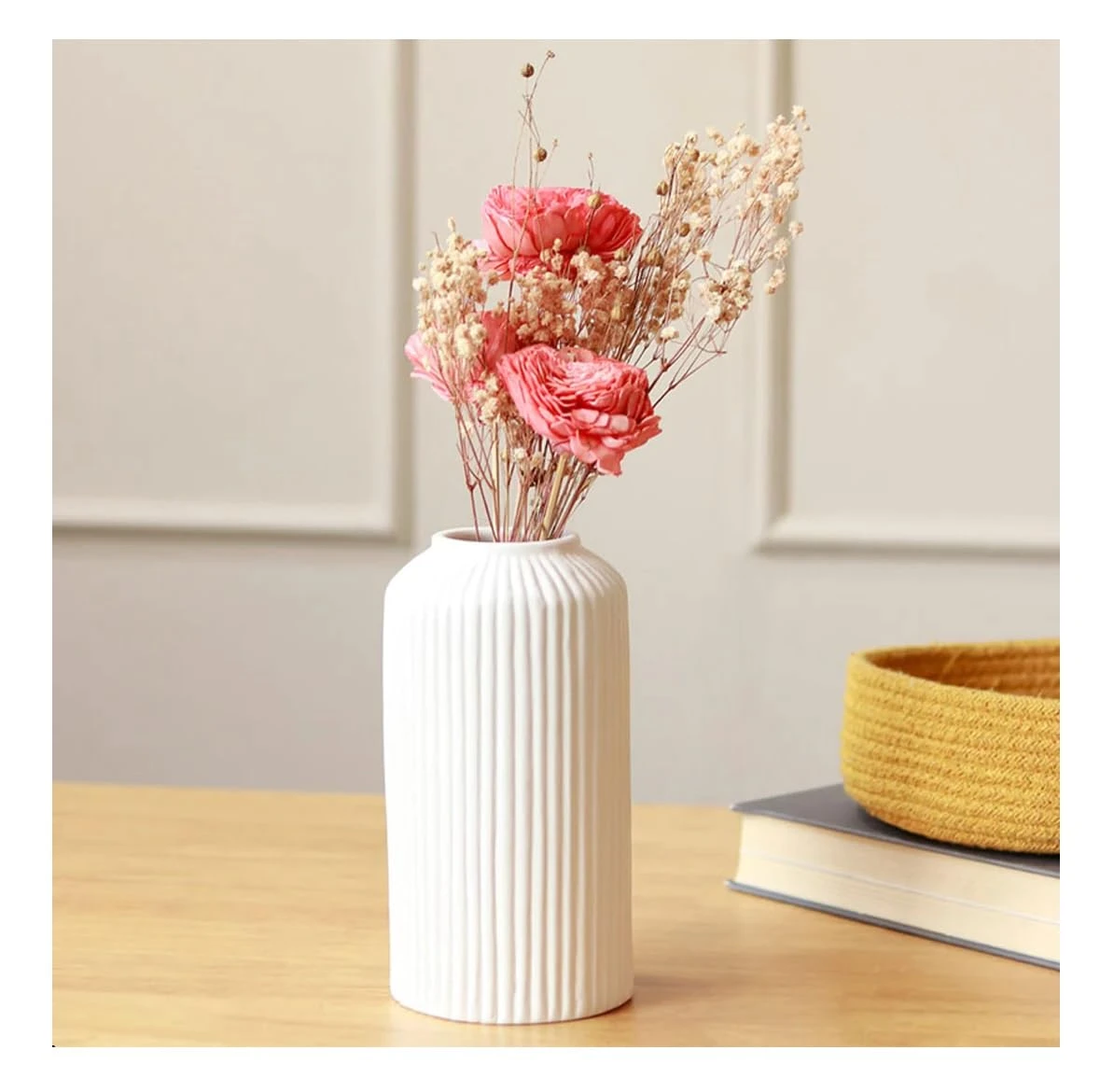 Ribbed Pipe Ceramic Vase for Flowers, Pampas Grass, or Live Plants | Decorative Home & Office Centerpiece Gift – No Flowers- (White, 6 Inch)