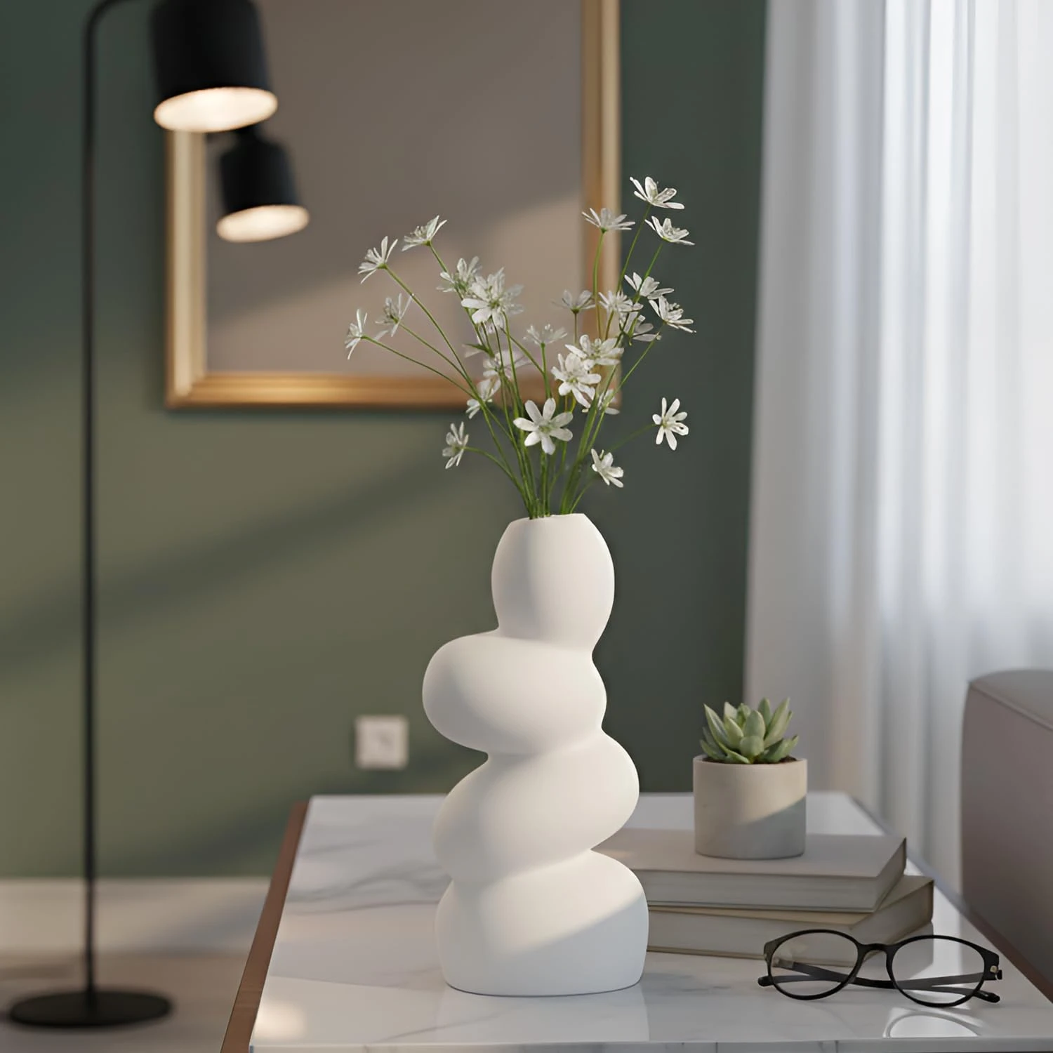 Decorative Cobblestone Ceramic Flower Vase for Home Decoration Living Room Flowers Plants Centerpiece Office Table Décor Showpiece Decoration Items (White, 21.4 cm x 8.8 cm)
