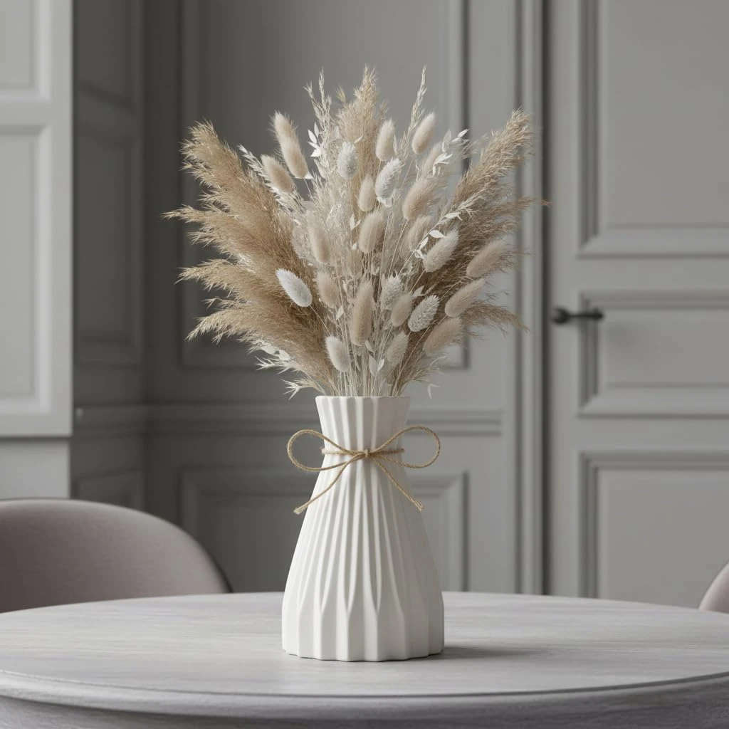 White Ceramic Flower Vase for Home Decor (7 Inch) | Modern Flower Vase for Pampas Grass & Dried Flowers | Centerpiece Vase for Living Room, Bedroom, Office & Gifting