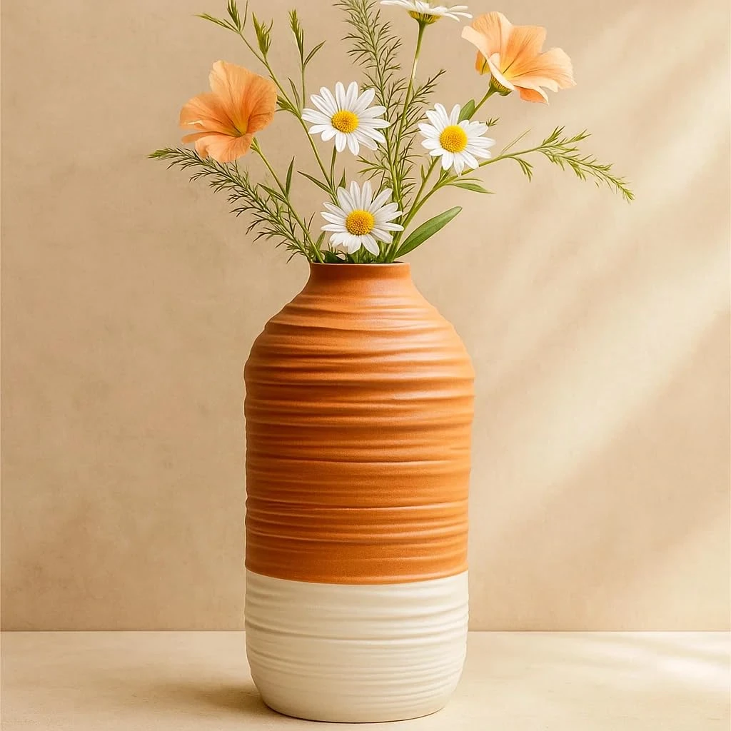 Decorative Ceramic Vase, Flower Vase, Pampas Grass Vase, Ceramic vase for Living Room,Ceramic vases for Home Decoration (Ribbed Cylindrical - 9 Inch