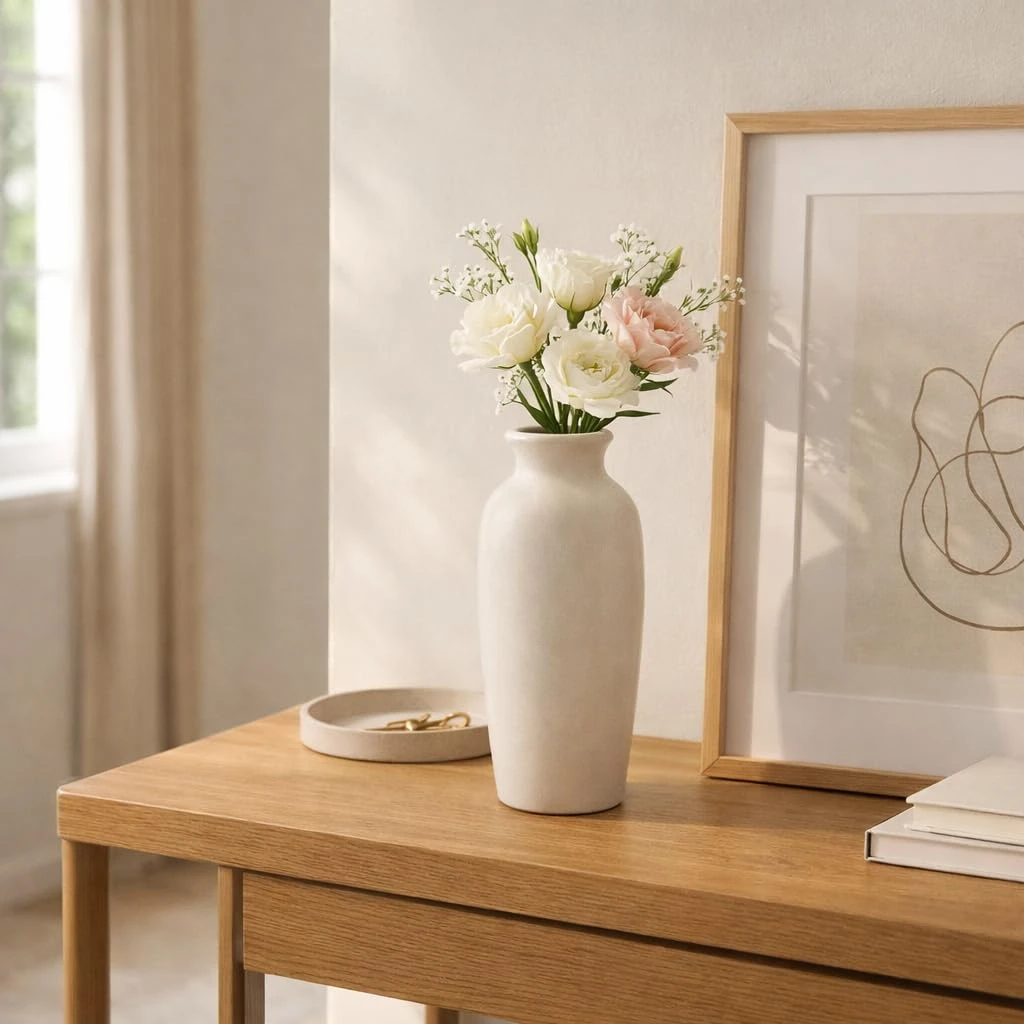 Decorative Vassel Solid Ceramic Flower Vase - Beige | Home Decor Accent with Unique Glazed Finish, Perfect for Living Room, Office or Gift