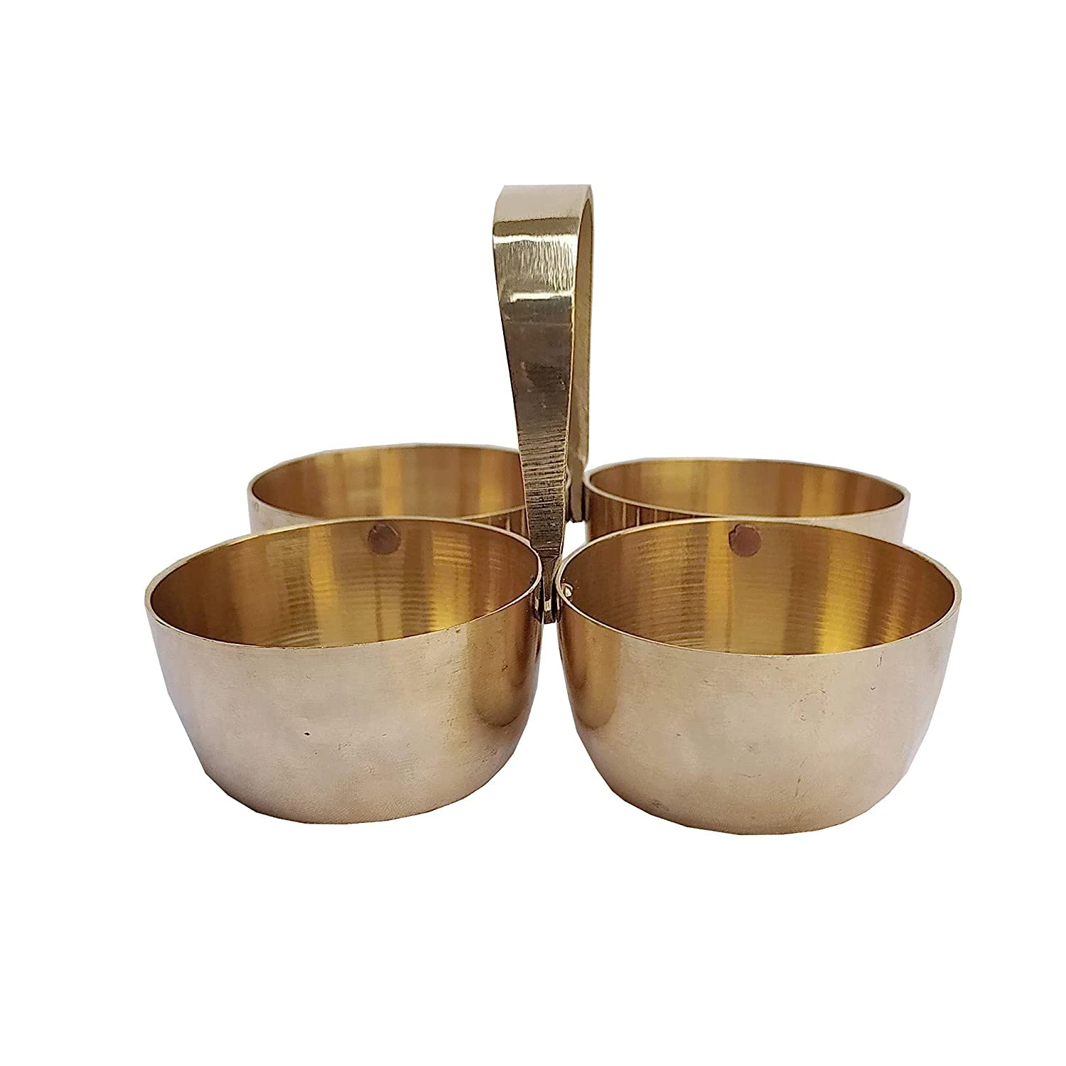 Small Brass Metal Puja Roli Chawal/Elaichi, Mishri/ Chowmukh Haldi Kumkum Holder 4 Bowl Stand Holder Patra- Gold