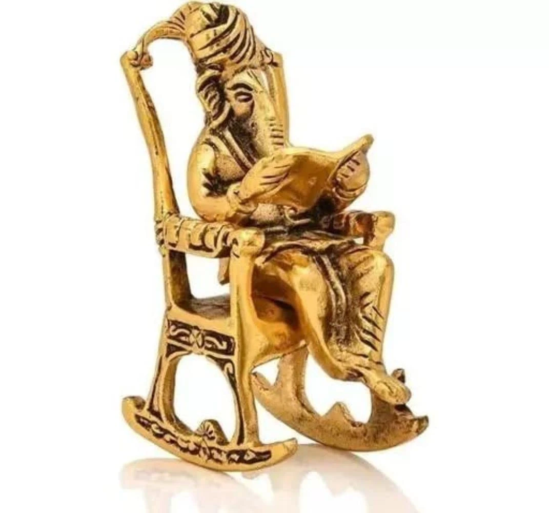 Statue for Home & Kitchen Metal Golden Lord Ganesha Statue Sitting On A Chair and Reading Ramayan | Figurine of Lord Ganesh Home Decorative Ganpati Statue