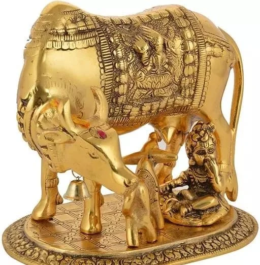 Statue for Home & Kitchen Cow and Calf in Golden Metal Oxidized Showpiece Best for Gifting & Laddu Gopal Ji, Krishna Showpiece, Temple Décor